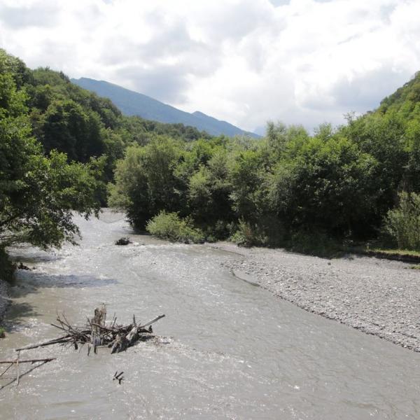 Река до сих пор мутно-серая от селевых отложений